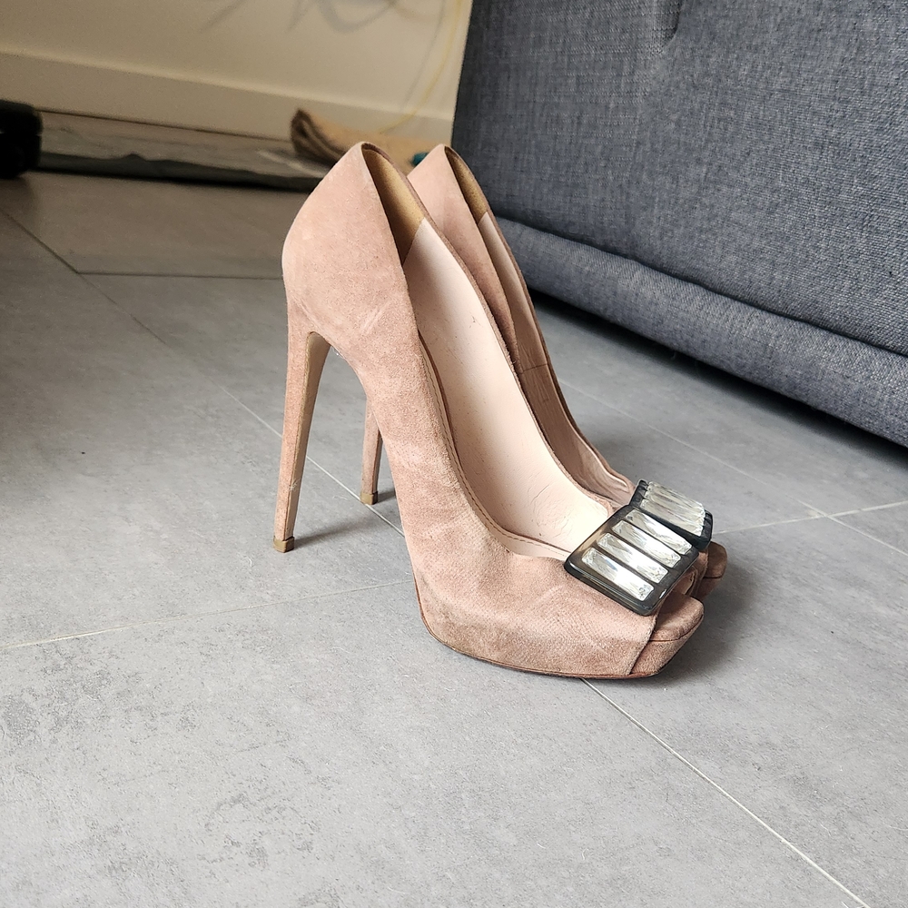 Sexy Chic Miu Miu Blush Peep-Toe Heels with Crystal Accent size EU40.5/US10